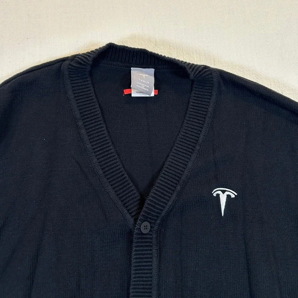 Tesla Motors Mens Black V-Neck Button Cardigan Sweater Logo Large TSL6403BK